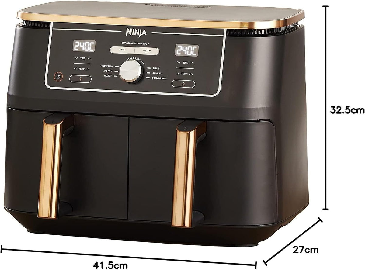 Ninja Foodi MAX Dual Zone Heißluftfritteuse, 9,5L Airfryer, 2 Fächer, mit Zange, Antihaftbeschichtung, spülmaschinenfeste Körbe, 6-in-1, Amazon Exklusiv, Kupfer/Schwarz, AF400EUCP