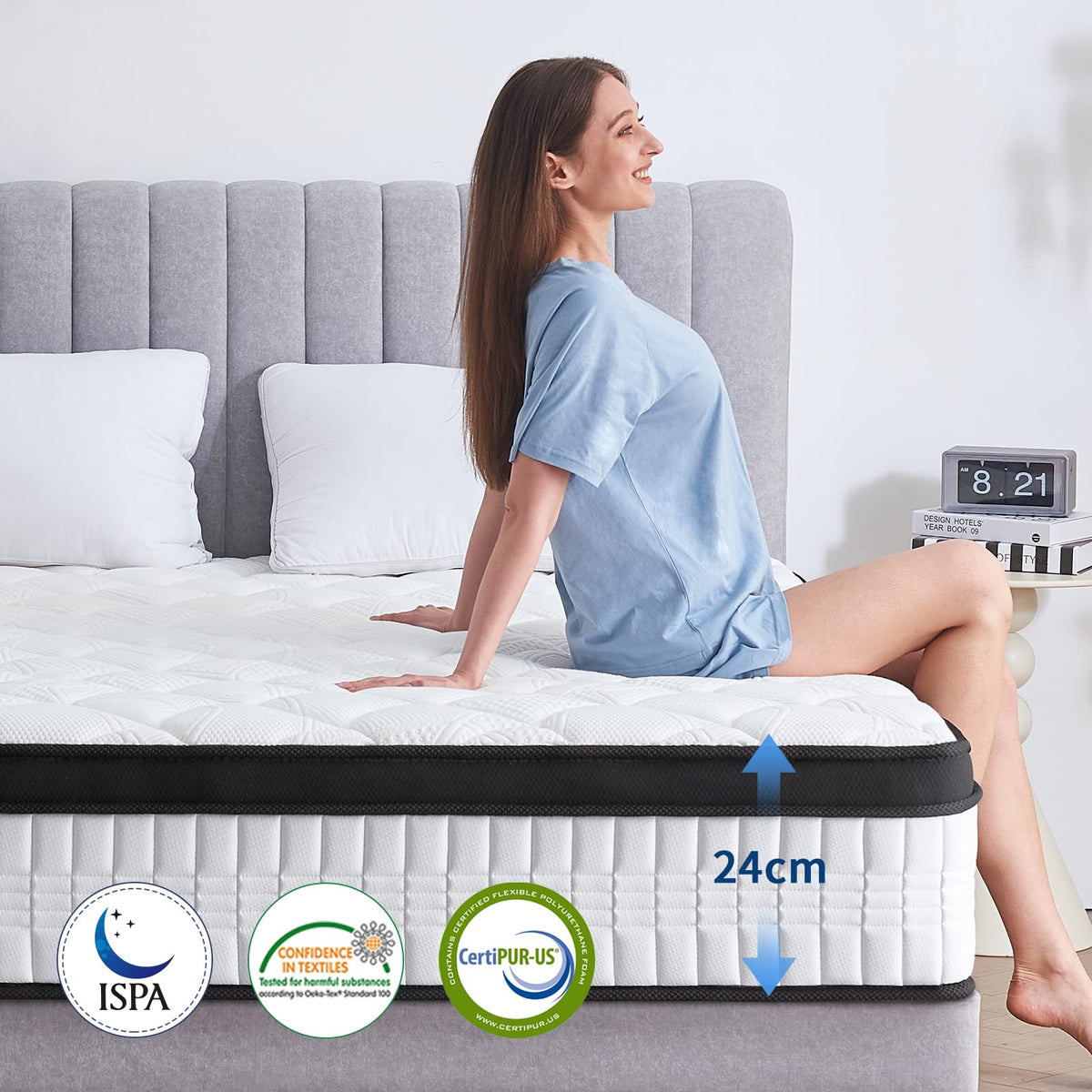 Matratze 180x200 cm Höhe 24cm, H3 H4 Mittelfest Orthopädische 7-Zonen Federkernmatratze 180x200 mit Komfortschaum Öko-Tex Zertifiziert