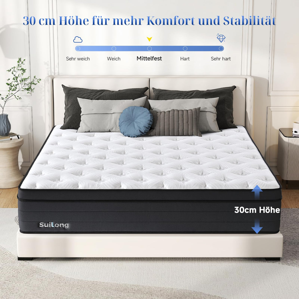 Suilong Matratze 180x200, Hoch 30cm, 7-Zonen Hybrid Taschenfederkern, H3-H4
