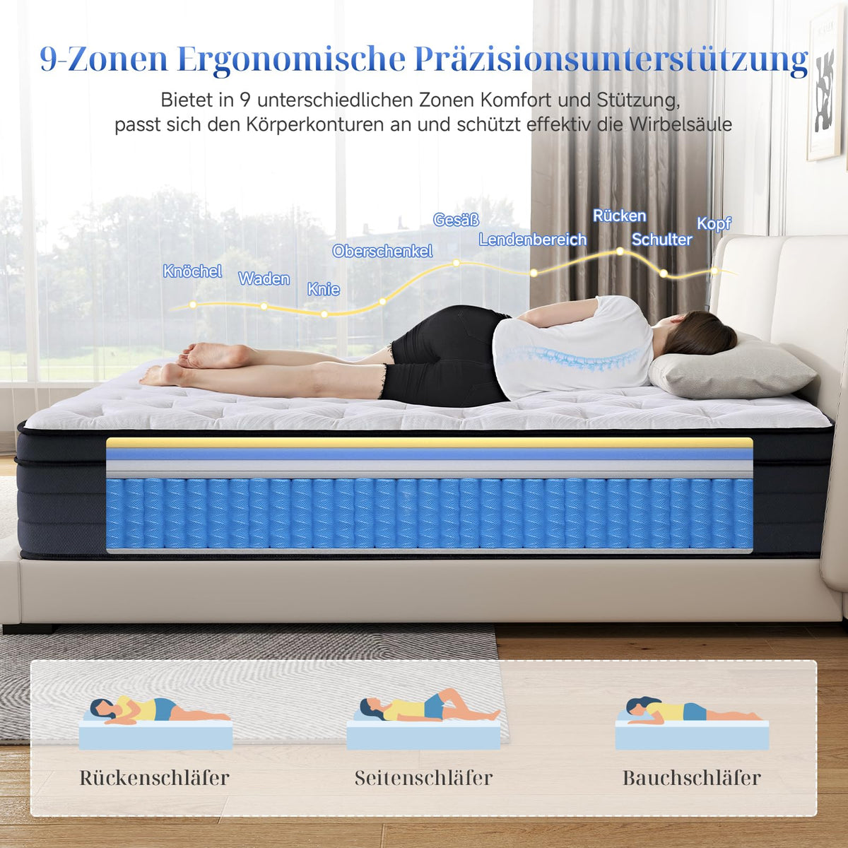 Suilong Matratze 180x200, Hoch 30cm, 7-Zonen Hybrid Taschenfederkern, H3-H4