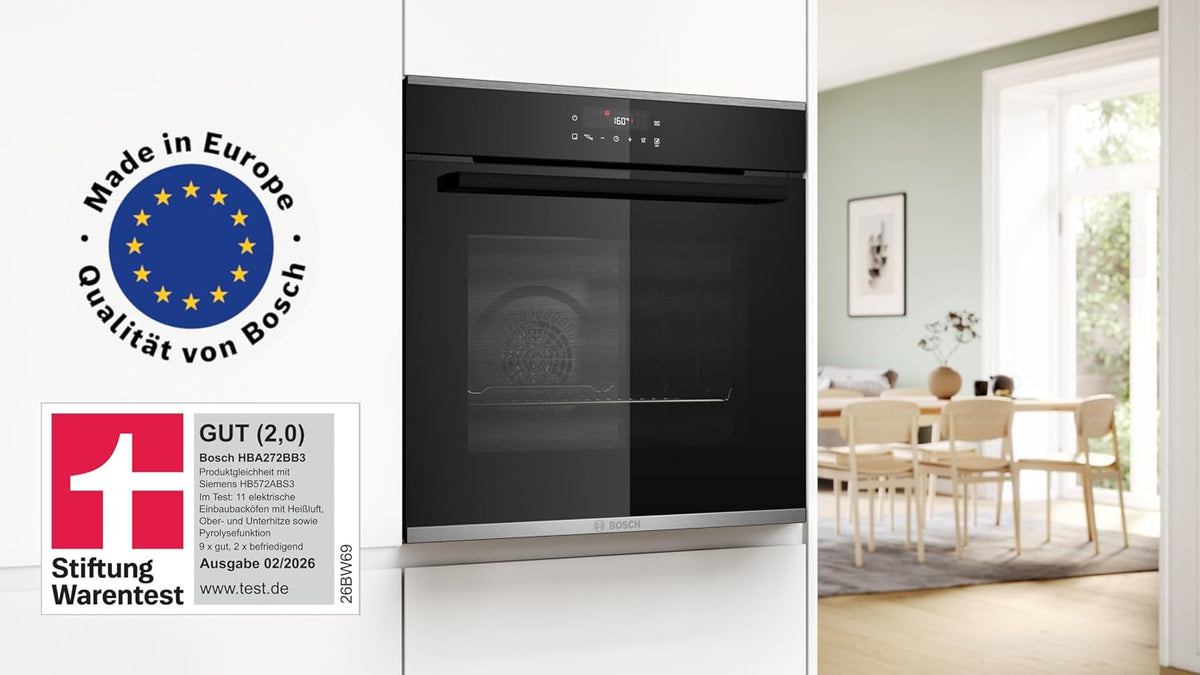 Bosch HBA272BB3, Stiftung Warentest GUT (2,0)*, Serie 4 Einbau-Backofen 60 x 60 cm, Pyrolyse-Selbstreinigung & Hydrolyse