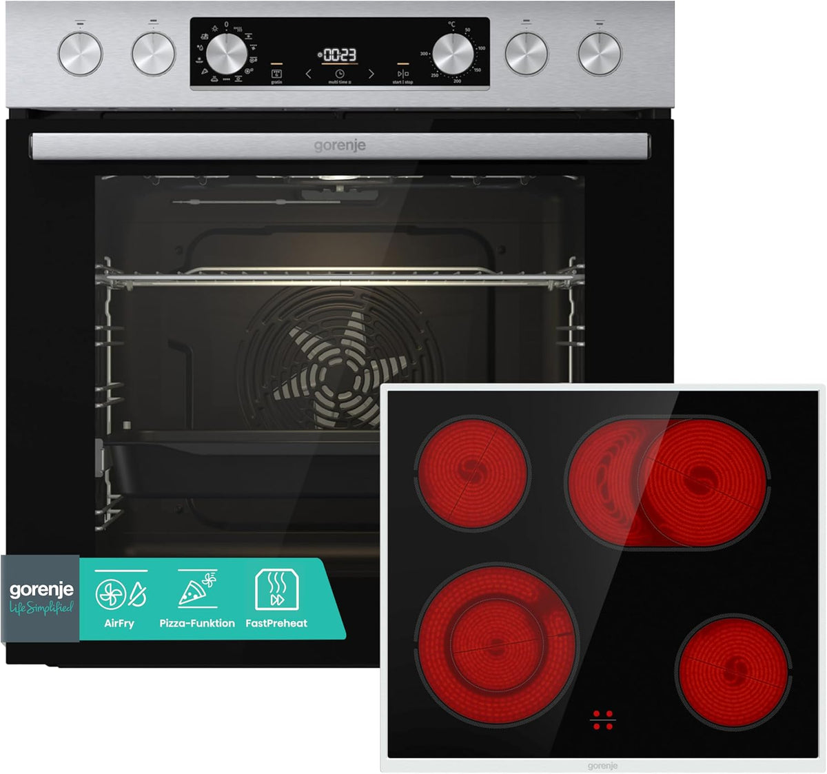 Gorenje Einbauherd-Set Heißluft Inox Set 4 mit Glaskeramik-Kochfeld / 77L / ExtraSteam / GentleClose & Open