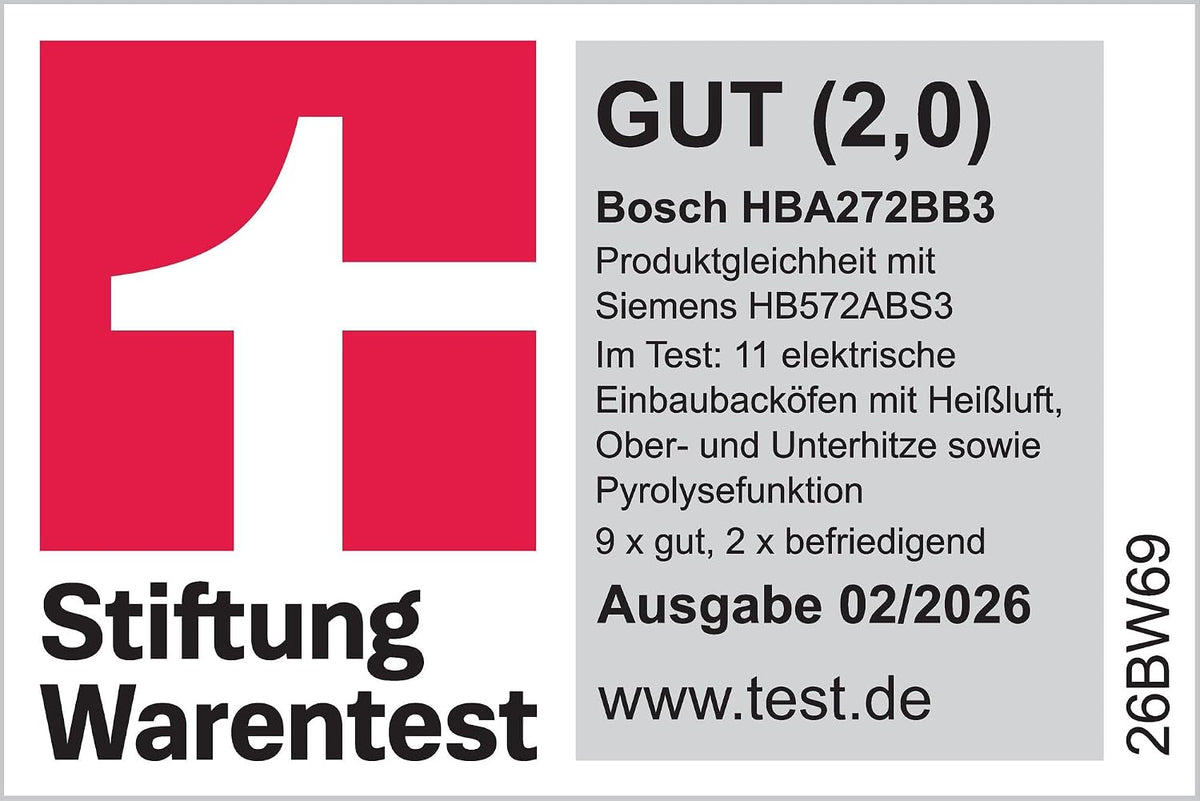 Bosch HBA272BB3, Stiftung Warentest GUT (2,0)*, Serie 4 Einbau-Backofen 60 x 60 cm, Pyrolyse-Selbstreinigung & Hydrolyse