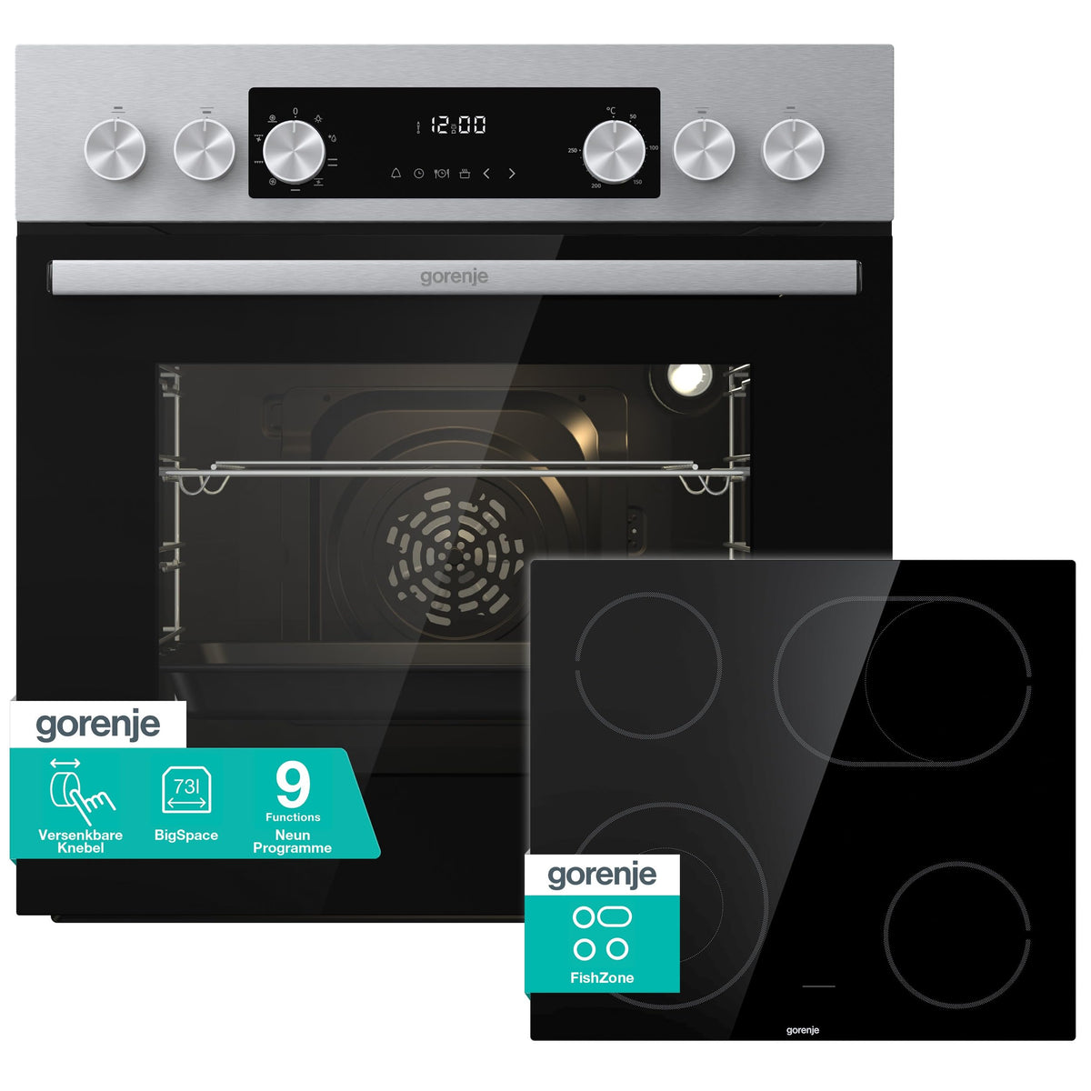 Gorenje Einbauherd-Set Heißluft Inox Set 4 mit Glaskeramik-Kochfeld / 77L / ExtraSteam / GentleClose & Open