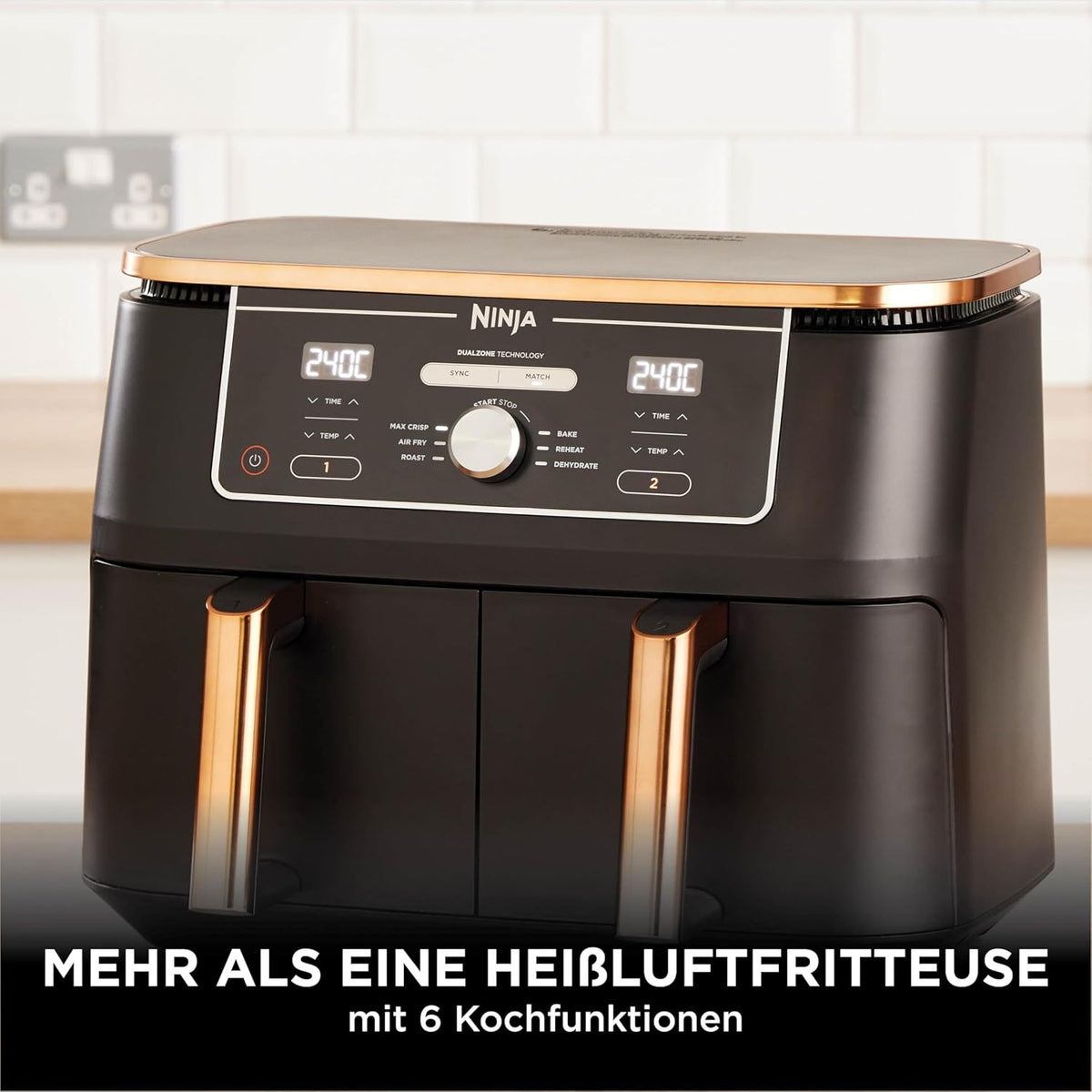 Ninja Foodi MAX Dual Zone Heißluftfritteuse, 9,5L Airfryer, 2 Fächer, mit Zange, Antihaftbeschichtung, spülmaschinenfeste Körbe, 6-in-1, Amazon Exklusiv, Kupfer/Schwarz, AF400EUCP