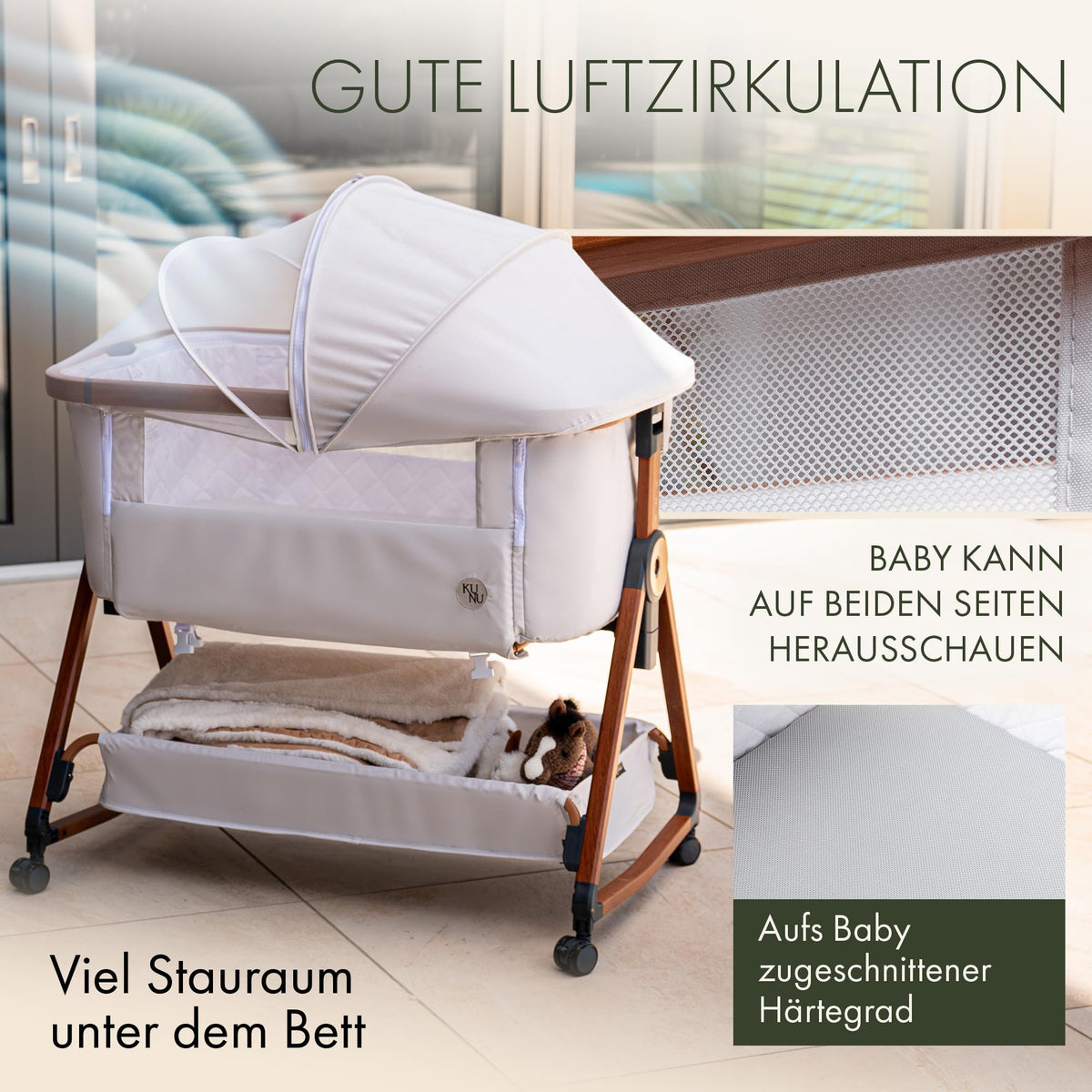 KUNU® Babybett - Beistellbett Baby mit Rollen für Boxspringbett - 3 in 1 rollbares Baby Bett Reise Babywiege