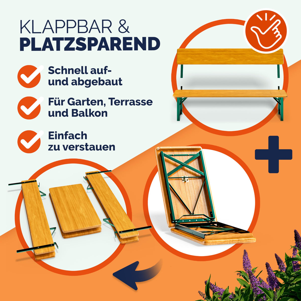 CASARIA® 2er Set Bierzeltgarnitur mit Lehne 170 cm Klappbar Stabil 2X Bierbank 1x Breiter Tisch Holz Biertischgarnitur Festzeltgarnitur Biergarten