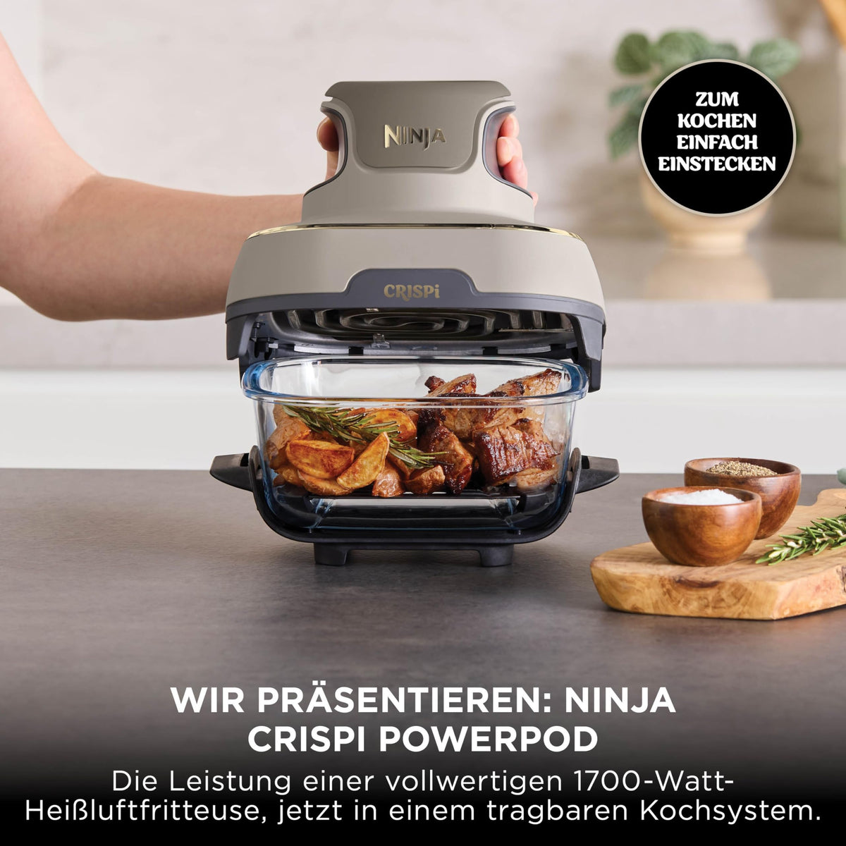 Ninja CRISPi tragbare Heißluftfritteuse, 3,8 l, 4-in-1, 1700 W, Stein