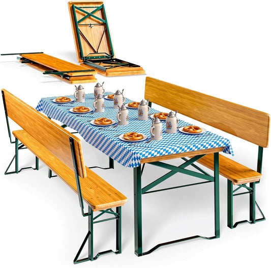 CASARIA® 2er Set Bierzeltgarnitur mit Lehne 170 cm Klappbar Stabil 2X Bierbank 1x Breiter Tisch Holz Biertischgarnitur Festzeltgarnitur Biergarten