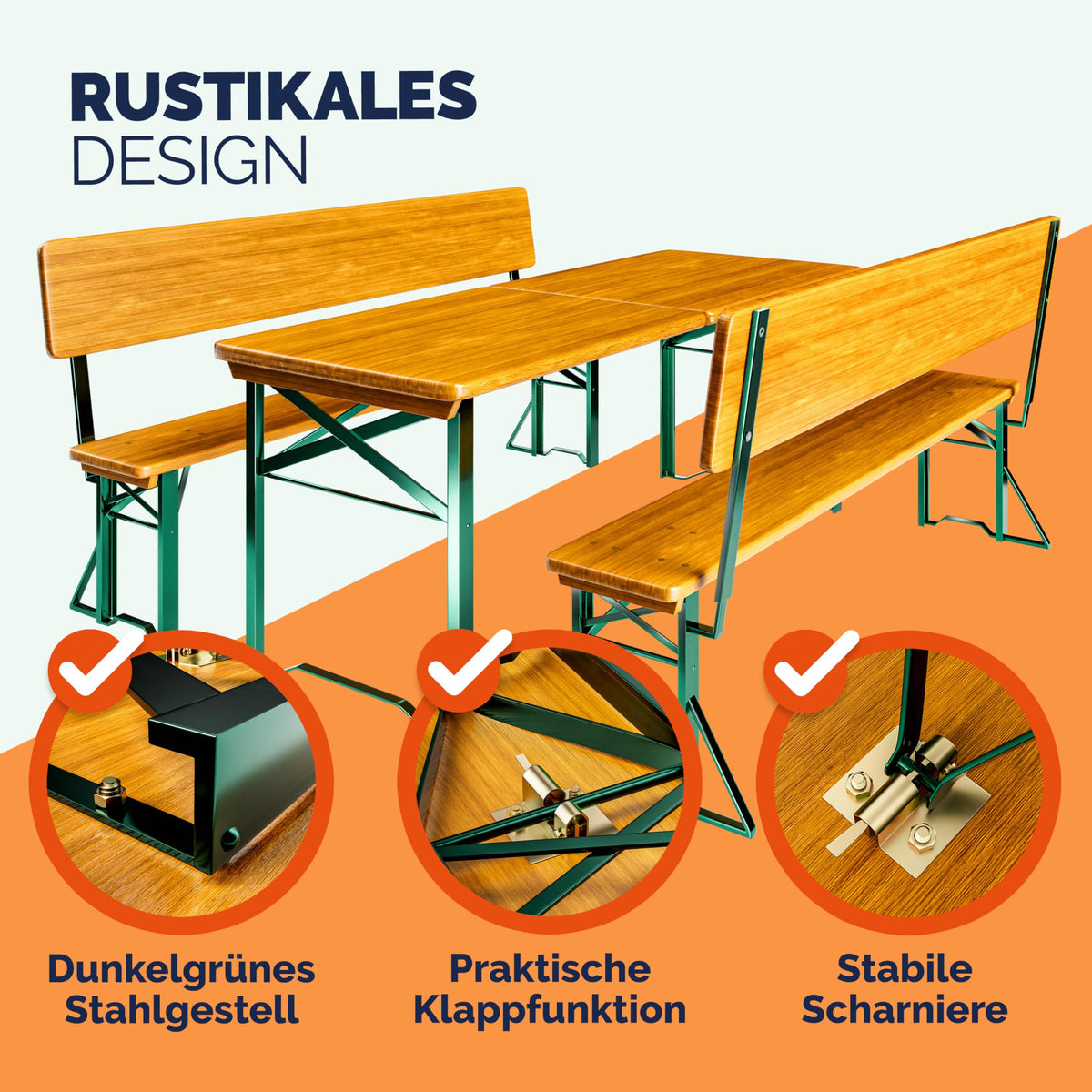 CASARIA® 2er Set Bierzeltgarnitur mit Lehne 170 cm Klappbar Stabil 2X Bierbank 1x Breiter Tisch Holz Biertischgarnitur Festzeltgarnitur Biergarten