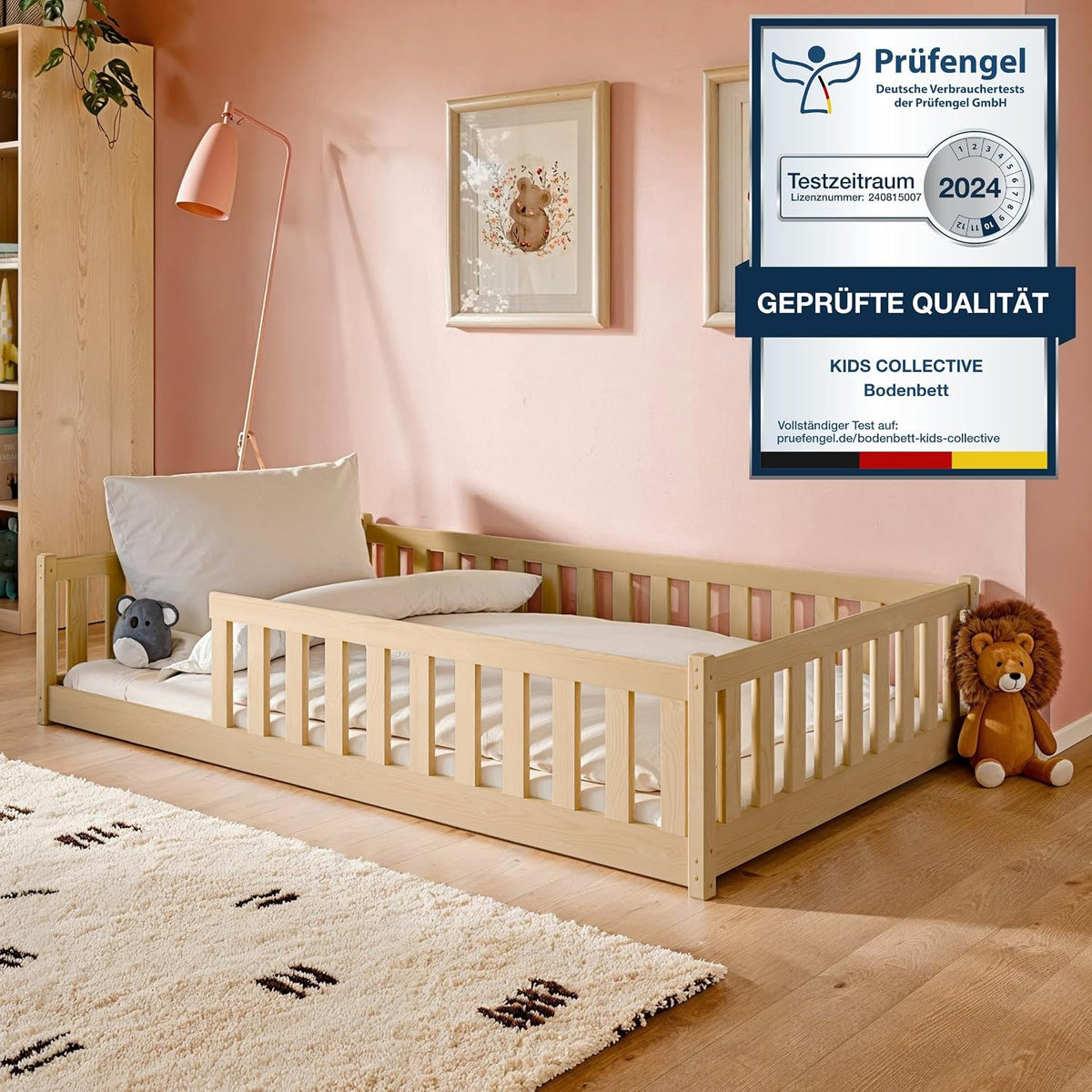 Kids Collective Kinderbett Bodenbett 120x200 cm Bett mit Rausfallschutz & Lattenrost Montessori Bett Bed Gitterbett Kinder Jugendbett Einzelbett | Natur Kiefer Holz massiv Junge Mädchen