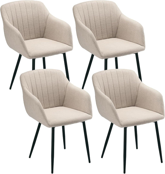 Esszimmerstühle Beige 4er Set mit Armlehnen, Modern Polsterstühle Leinen, Küchenstühle mit Metallgestell für Esszimmer, Wohnzimmer, Küche