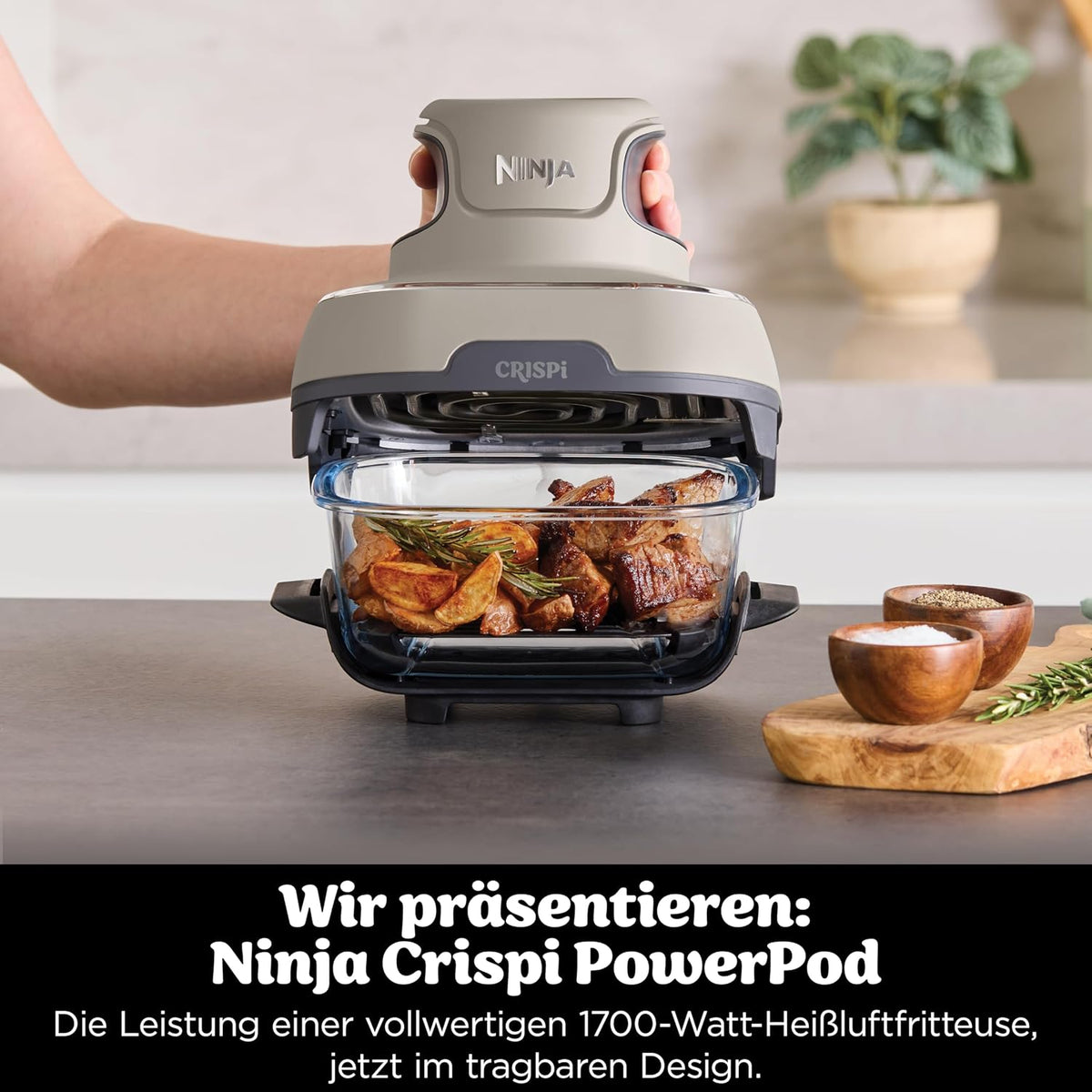 Ninja CRISPi tragbare Heißluftfritteuse, 3,8 l, 4-in-1, 1700 W, Stein